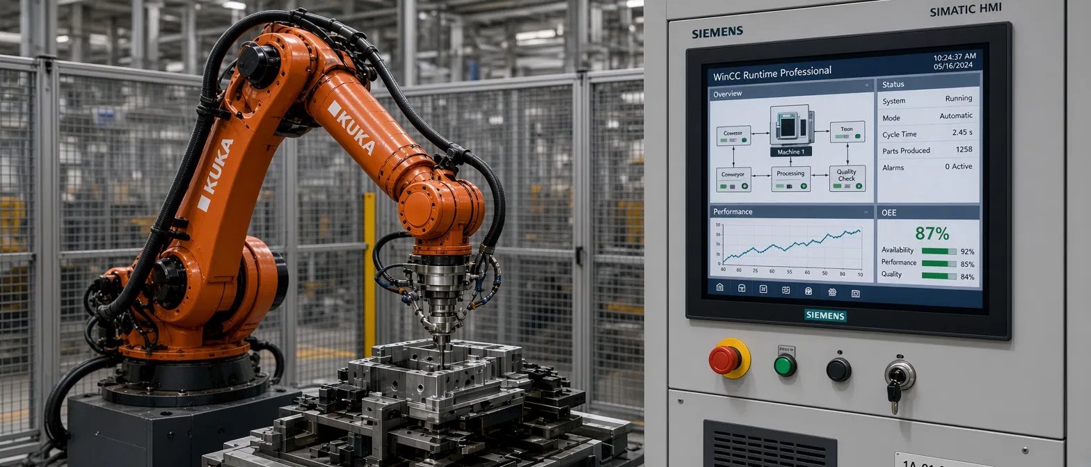 Robot przemysłowy KUKA i panel sterowania Siemens SIMATIC HMI